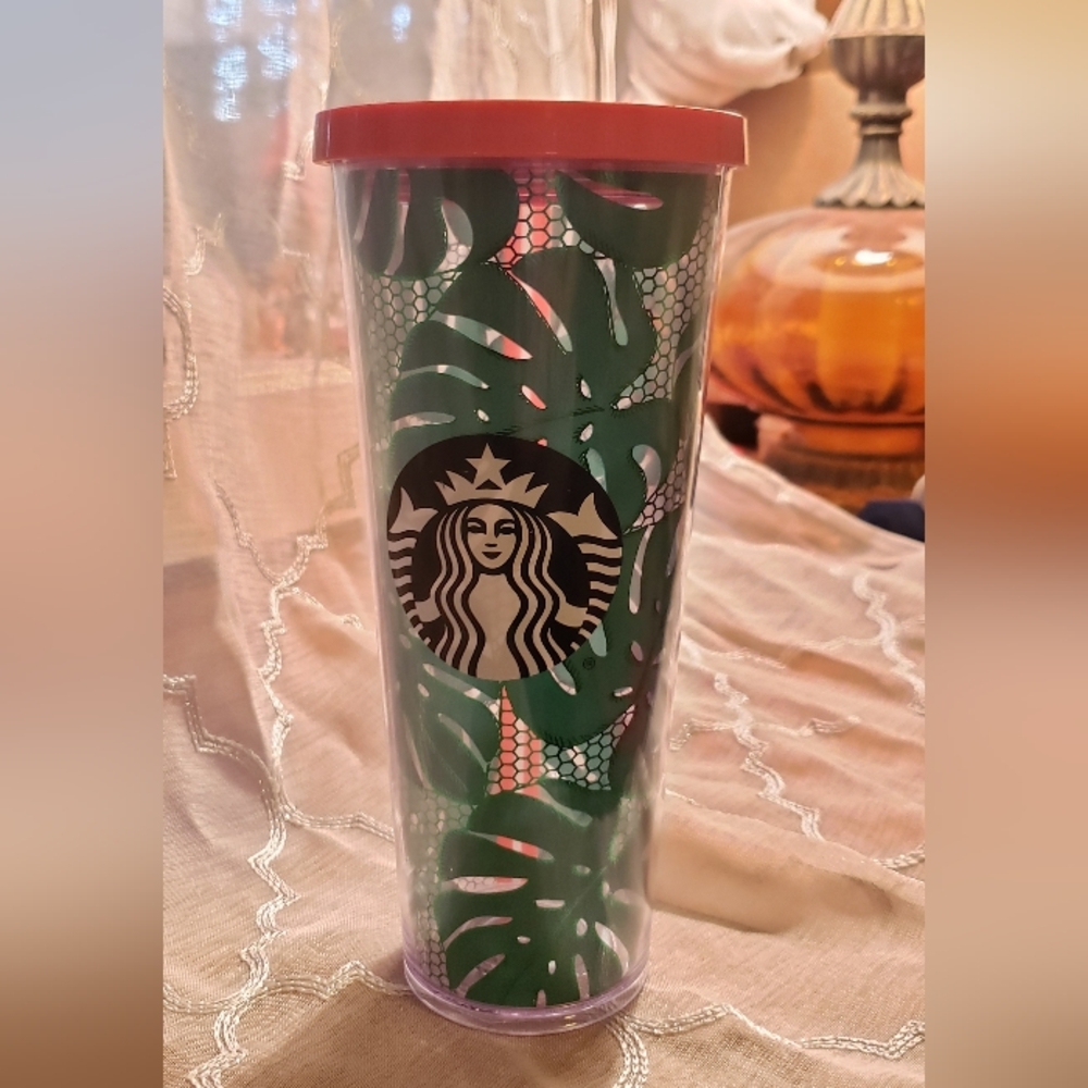 Starbucks Venti Green Leaf Cold Tumbler with Red Lid (No Straw)